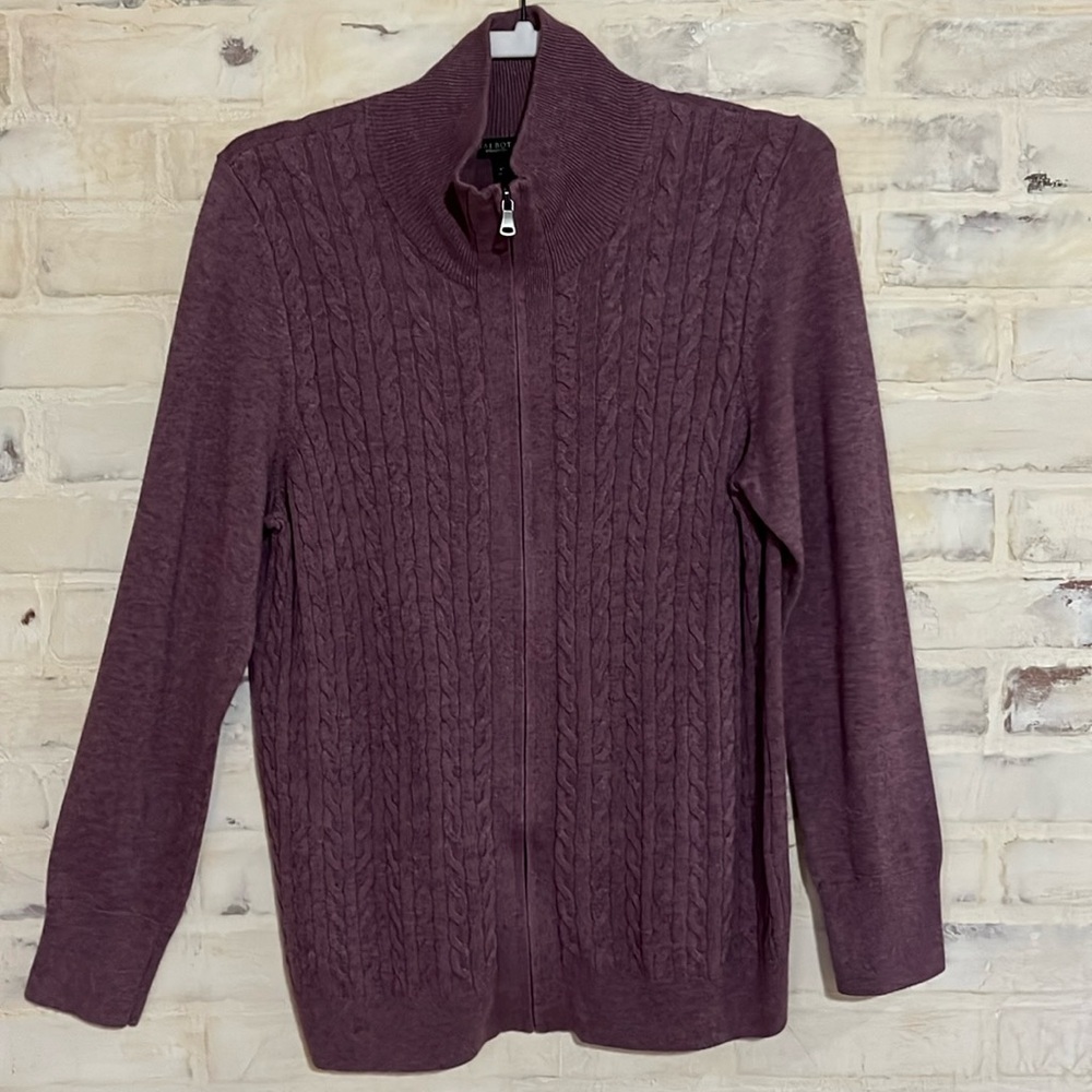 Talbots Purple Front Zip Cable Knit Sweater SzXL